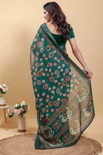 olive colour Ready to wear elegant print linen cotton saree with jacquard border & unstitched blouse
