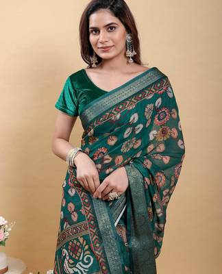 olive colour Ready to wear elegant print linen cotton saree with jacquard border & unstitched blouse 5