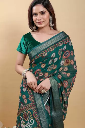 olive colour Ready to wear elegant print linen cotton saree with jacquard border & unstitched blouse