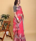pink colour Ready to wear elegant print linen cotton saree with jacquard border & unstitched blouse