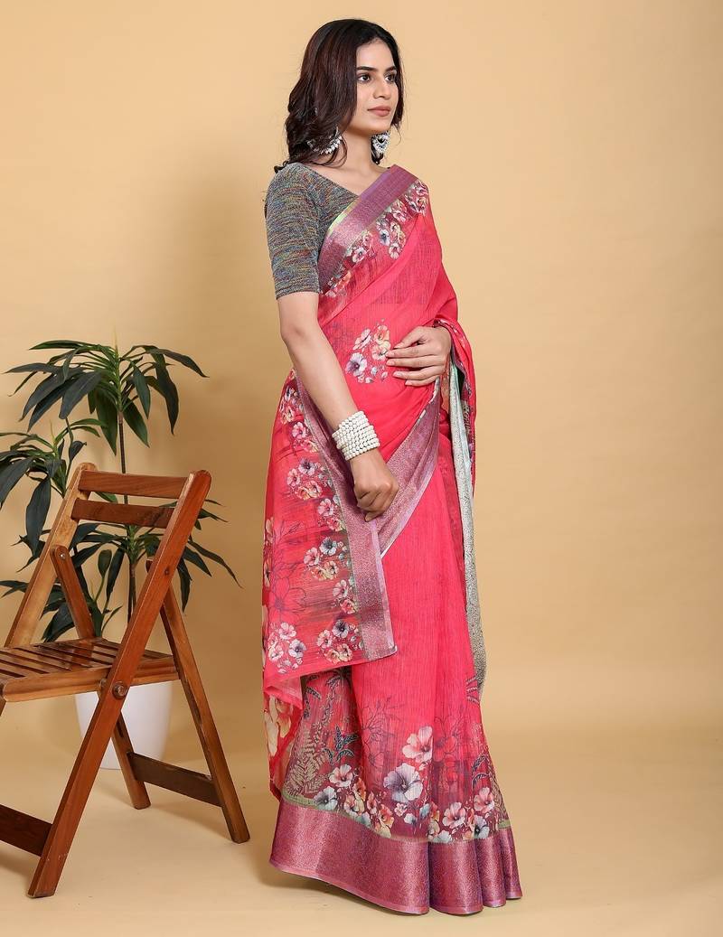 pink colour Ready to wear elegant print linen cotton saree with jacquard border & unstitched blouse