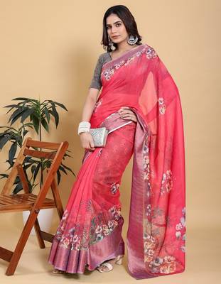 pink colour Ready to wear elegant print linen cotton saree with jacquard border & unstitched blouse 2