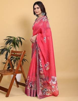 pink colour Ready to wear elegant print linen cotton saree with jacquard border & unstitched blouse 3