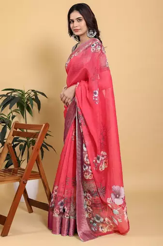 pink colour Ready to wear elegant print linen cotton saree with jacquard border & unstitched blouse