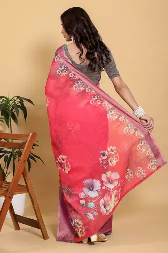 pink colour Ready to wear elegant print linen cotton saree with jacquard border & unstitched blouse