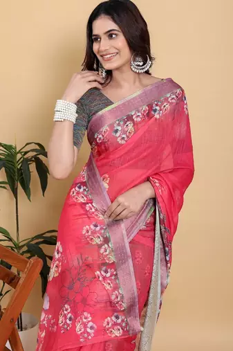 pink colour Ready to wear elegant print linen cotton saree with jacquard border & unstitched blouse