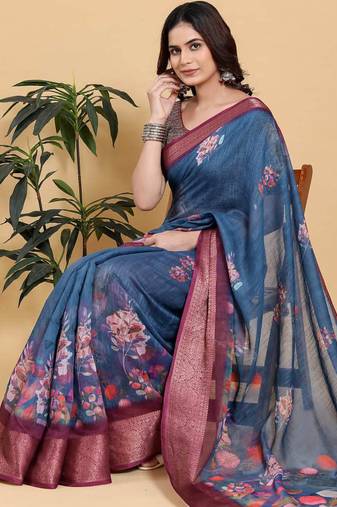 blue colour Ready to wear elegant print linen cotton saree with jacquard border & unstitched blouse
