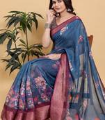 blue colour Ready to wear elegant print linen cotton saree with jacquard border & unstitched blouse