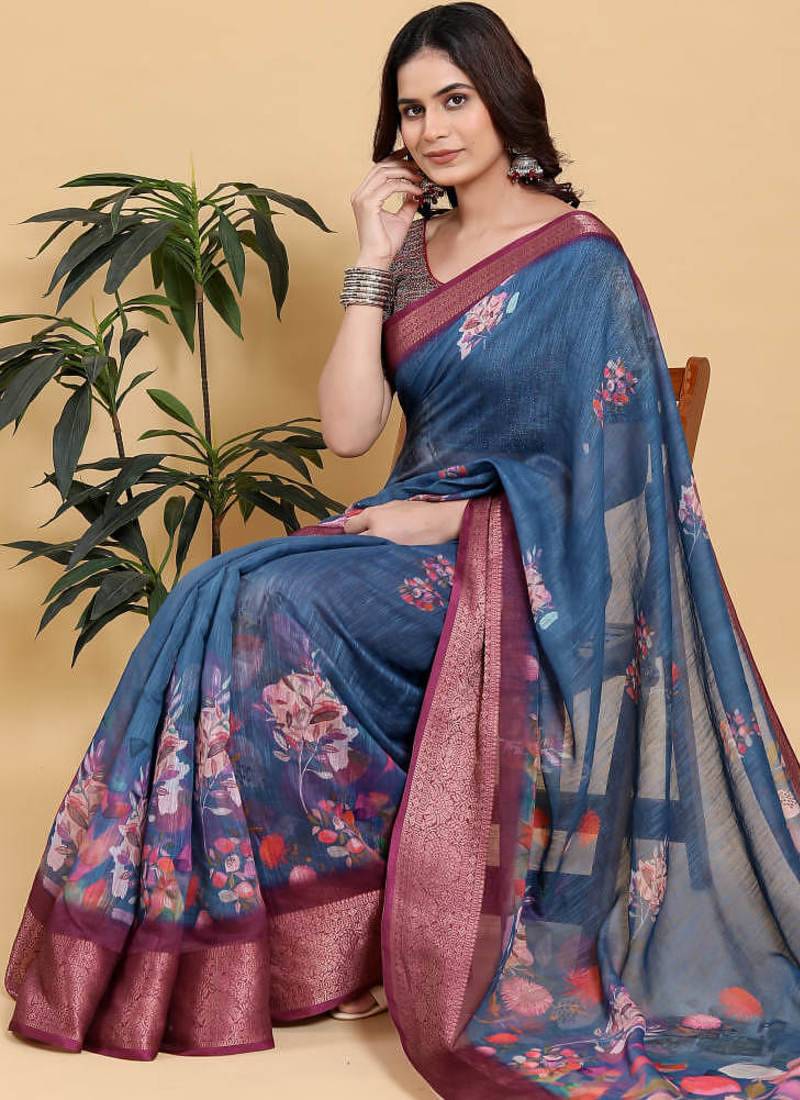 blue colour Ready to wear elegant print linen cotton saree with jacquard border & unstitched blouse
