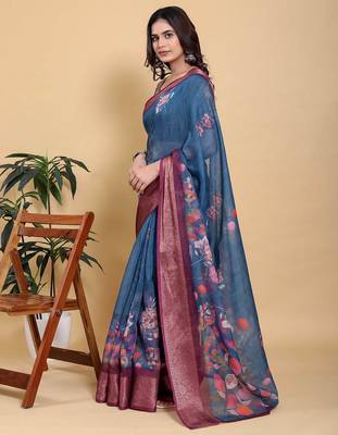 blue colour Ready to wear elegant print linen cotton saree with jacquard border & unstitched blouse 2