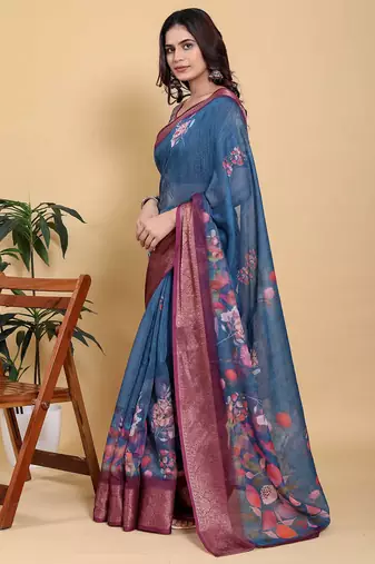 blue colour Ready to wear elegant print linen cotton saree with jacquard border & unstitched blouse