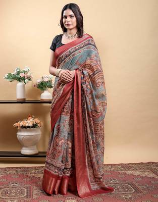 multicolour Ready to wear elegant print linen cotton saree with jacquard border & unstitched blouse 1