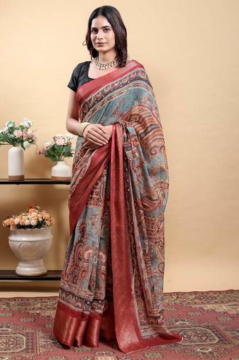multicolour Ready to wear elegant print linen cotton saree with jacquard border & unstitched blouse