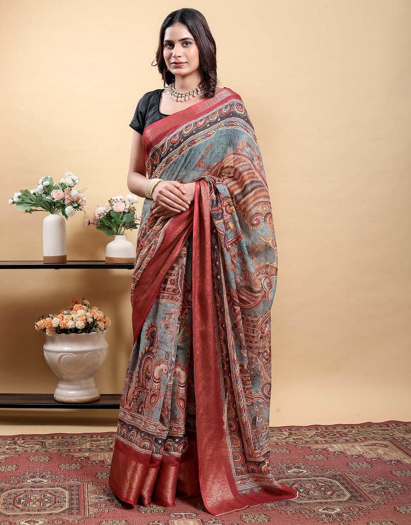 multicolour Ready to wear elegant print linen cotton saree with jacquard border & unstitched blouse