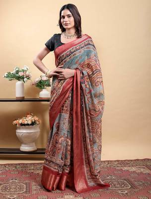 multicolour Ready to wear elegant print linen cotton saree with jacquard border & unstitched blouse 2