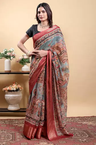 multicolour Ready to wear elegant print linen cotton saree with jacquard border & unstitched blouse