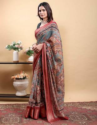 multicolour Ready to wear elegant print linen cotton saree with jacquard border & unstitched blouse 3