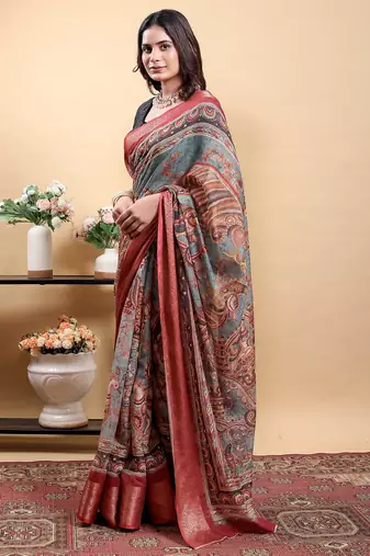 multicolour Ready to wear elegant print linen cotton saree with jacquard border & unstitched blouse
