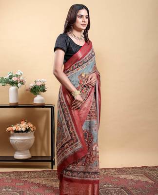 multicolour Ready to wear elegant print linen cotton saree with jacquard border & unstitched blouse 4