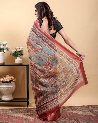 multicolour Ready to wear elegant print linen cotton saree with jacquard border & unstitched blouse 5