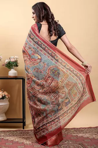multicolour Ready to wear elegant print linen cotton saree with jacquard border & unstitched blouse