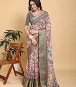 ivory colour Ready to wear elegant print linen cotton saree with jacquard border & unstitched blouse