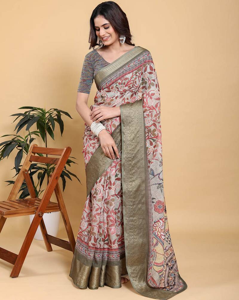 ivory colour Ready to wear elegant print linen cotton saree with jacquard border & unstitched blouse