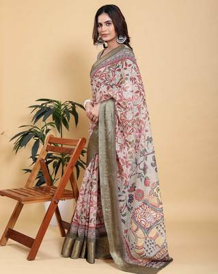 ivory colour Ready to wear elegant print linen cotton saree with jacquard border & unstitched blouse 2