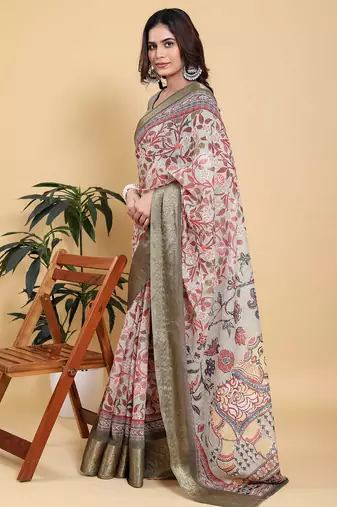 ivory colour Ready to wear elegant print linen cotton saree with jacquard border & unstitched blouse