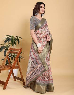 ivory colour Ready to wear elegant print linen cotton saree with jacquard border & unstitched blouse 3