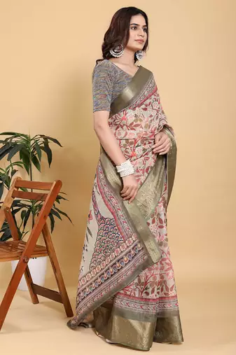 ivory colour Ready to wear elegant print linen cotton saree with jacquard border & unstitched blouse