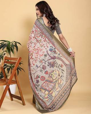 ivory colour Ready to wear elegant print linen cotton saree with jacquard border & unstitched blouse 4