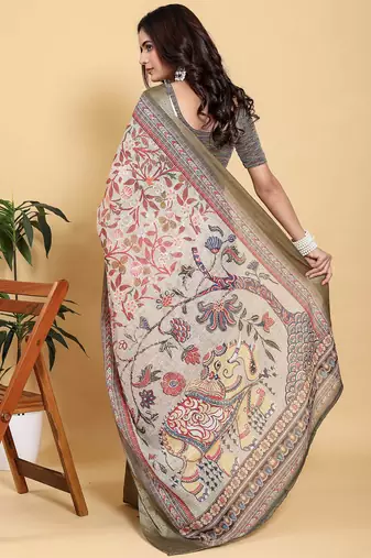 ivory colour Ready to wear elegant print linen cotton saree with jacquard border & unstitched blouse