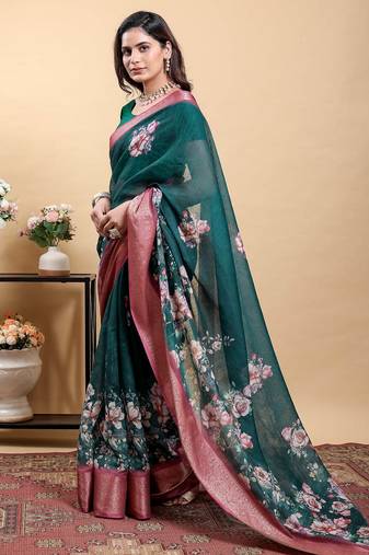 dark green colour Reay to wear elegant print linen cotton saree with jacquard border & unstitched blouse