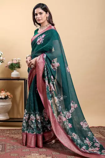 dark green colour Reay to wear elegant print linen cotton saree with jacquard border & unstitched blouse