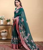 dark green colour Reay to wear elegant print linen cotton saree with jacquard border & unstitched blouse