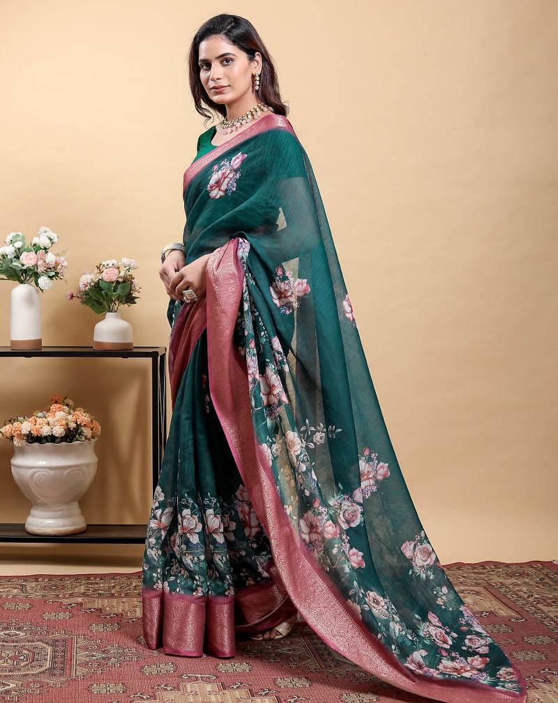 dark green colour Reay to wear elegant print linen cotton saree with jacquard border & unstitched blouse