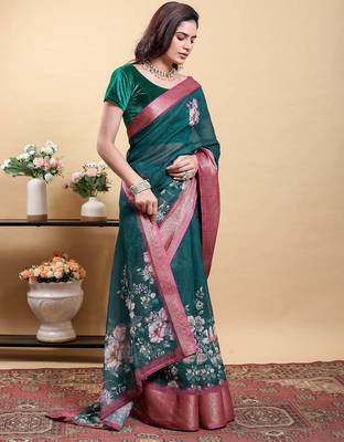 dark green reay to wear elegant print linen cotton saree with jacquard border 2