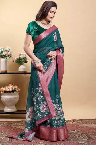 dark green reay to wear elegant print linen cotton saree with jacquard border