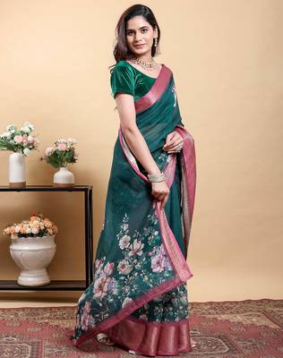 dark green reay to wear elegant print linen cotton saree with jacquard border 3