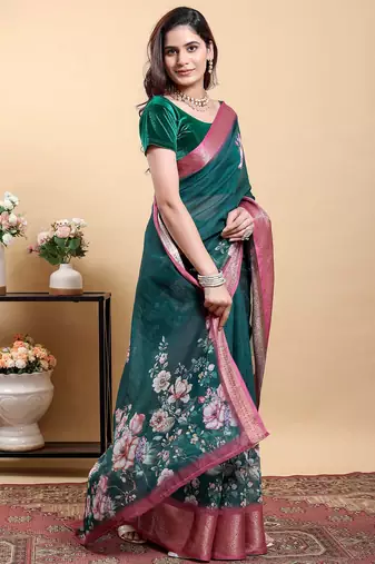 dark green reay to wear elegant print linen cotton saree with jacquard border