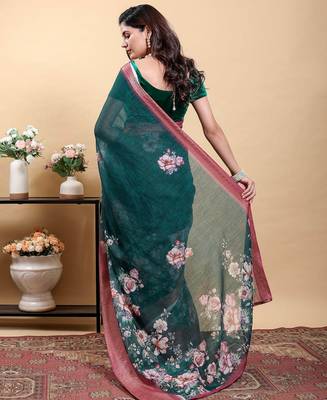 dark green reay to wear elegant print linen cotton saree with jacquard border 4