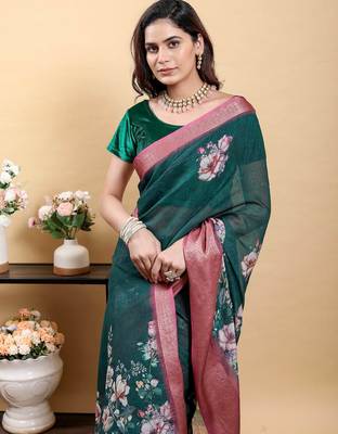 dark green reay to wear elegant print linen cotton saree with jacquard border 5