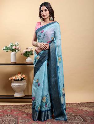 sky blue colour Ready to wear elegant print linen cotton saree with jacquard border & unstitched blouse 1