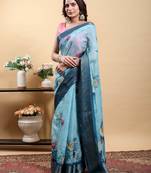 sky blue colour Ready to wear elegant print linen cotton saree with jacquard border & unstitched blouse