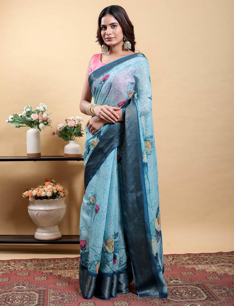 sky blue colour Ready to wear elegant print linen cotton saree with jacquard border & unstitched blouse