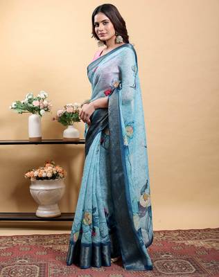 sky blue colour Ready to wear elegant print linen cotton saree with jacquard border & unstitched blouse 2