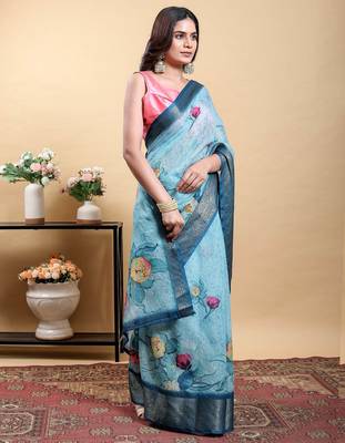 sky blue colour Ready to wear elegant print linen cotton saree with jacquard border & unstitched blouse 3
