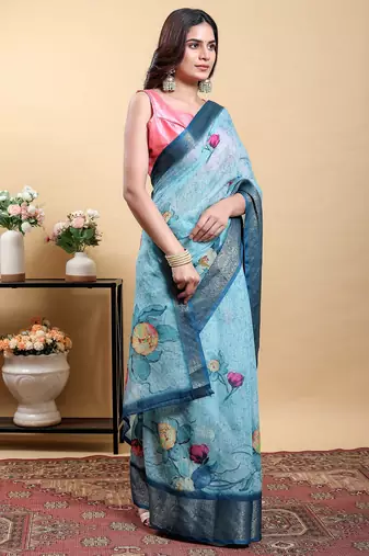 sky blue colour Ready to wear elegant print linen cotton saree with jacquard border & unstitched blouse