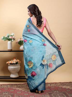 sky blue colour Ready to wear elegant print linen cotton saree with jacquard border & unstitched blouse 4